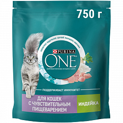 КОРМ ПУРИНА УАН Д/ЧУВСТВ. КОШЕК С ИНДЕЙКОЙ И РИСОМ 750Г СУХ