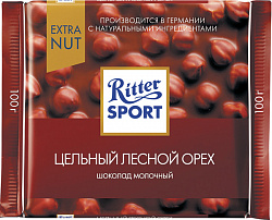 ШОКОЛАД РИТТЕР СПОРТ МОЛОЧНЫЙ ЭКСТРА НАТ С ЦЕЛ.ЛЕСНЫМ ОРЕХОМ 100Г